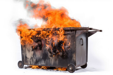 generated illustration of uncontrolled dumpster fire on white background: