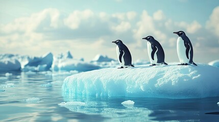 Obraz premium Three Penguins Standing on an Melted Iceberg in a Glacial Lagoon