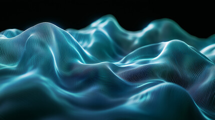 Obraz premium Abstract 3D printed visualization of sound waves, flowing and fluid wave patterns in transparent glass-like material, blue and green hues, illuminated by gentle backlighting, futuristic atmosphere