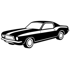 A drawing of a car with the word car on it , Black and white clipart cutout silhouette vehicles illustrations , Classic car. Silhouette of a vintage car. Side view. Raster. 