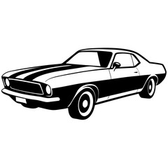A drawing of a car with the word car on it , Black and white clipart cutout silhouette vehicles illustrations , Classic car. Silhouette of a vintage car. Side view. Raster. 