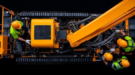 Heavy Equipment Maintenance: A team of construction workers in safety gear, meticulously inspecting and servicing a powerful yellow excavator, highlighting the crucial role of maintenance in ensuring 