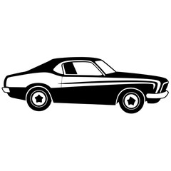 A drawing of a car with the word car on it , Black and white clipart cutout silhouette vehicles illustrations , Classic car. Silhouette of a vintage car. Side view. Raster. 