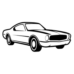 A drawing of a car with the word car on it , Black and white clipart cutout silhouette vehicles illustrations , Classic car. Silhouette of a vintage car. Side view. Raster. 