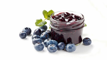 Ein kleines Glas mit Blaubeerkonfit&uuml;re und einzelne Beeren.