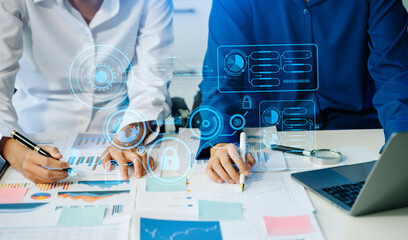 Cyber security data protection Business working on compute Intelligenc digital tablet global...