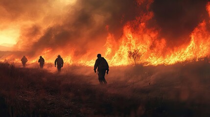 Fototapeta premium Silhouetted Firefighters Walking Through a Blazing Wildfire