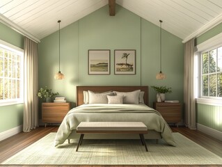 Fototapeta premium A 3D render of a mid-century modern bedroom with soft green walls, vaulted ceiling, vintage-inspired furniture, and a cozy, minimalist vibe