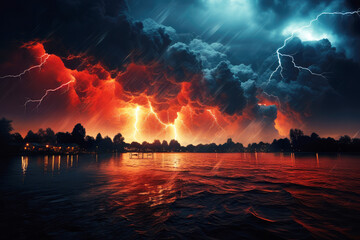 generated illustration of severe thunderstorm with dark ominous clouds, heavy rain.