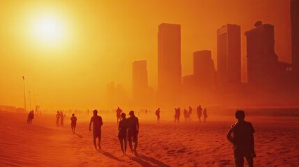 Silhouettes of people walking on a red desert beach with buildings and the sun in the background