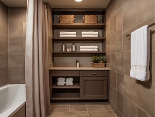 A bathroom with deep brown tiles, a beige vanity, and a light brown shower curtain