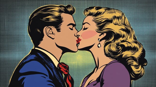 Kiss love movie romance heroes lovers man and woman pop art comics retro style Halftone. Imitation of old illustrations. Actors during love scenes. 