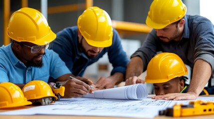 Construction Blueprint Collaboration: A diverse team of construction workers huddle over a blueprint, their faces illuminated by the shared focus and determination to build something great. 