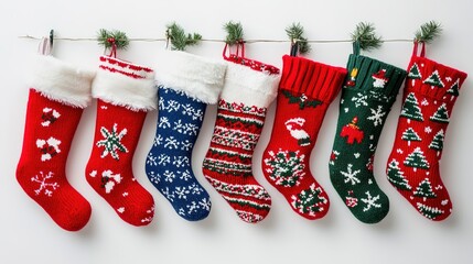 A charming display of Christmas stockings arranged on a clean white background, featuring festive colors and playful designs. This image captures the spirit of the holiday season,