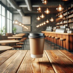 A coffee paper cup gracefully floats above a wooden table in this inviting scene, set within a modern café backdrop that showcases the perfect balance of rustic charm and contemporary style
