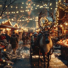 Festive holiday market with reindeer-drawn sleigh, twinkling lights, and joyful atmosphere, perfect for Christmas celebrations.