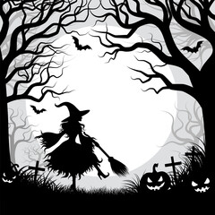Fototapeta premium A Witch walking in the forest at full Moon night. Vector illustration for Halloween.