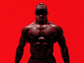 Fototapeta premium A powerful muscular figure stands confidently against a vibrant red background, exuding strength and determination.