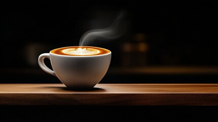 Obraz premium Warm Latte Art: Steam swirls gracefully above a perfectly crafted latte, its intricate design a testament to barista artistry. The warm hues of the latte and the wooden counter invite a sense of cozy
