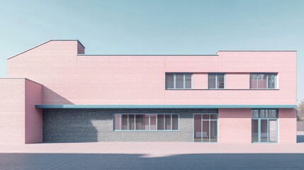 Clay-rendered building in soft pink with a gray brick and blue roof. The minimalist design features clean edges and a symmetrical layout, in a calming pastel palette.