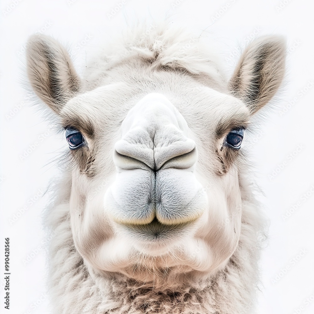 Poster Close-up portrait of a camel's face with a white background 