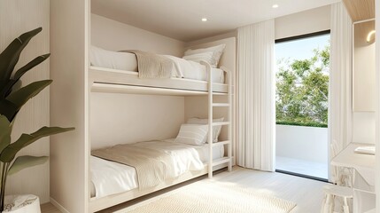 Fototapeta premium Clean and minimalist bedroom with bunk beds, emphasizing simplicity and functionality. Neutral tones and minimalist