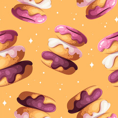 Seamless pattern with sweet donuts. Desserts, sweet food, bakery concept. Vector illustration for wrapping paper, scrapbooking, backdrop, product design.