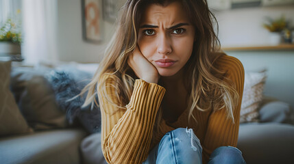 Woman at home suffering from menstrual pain, having cramps. Close up of woman holding abdomen, endometriosis, and conditions causing pain in tummy