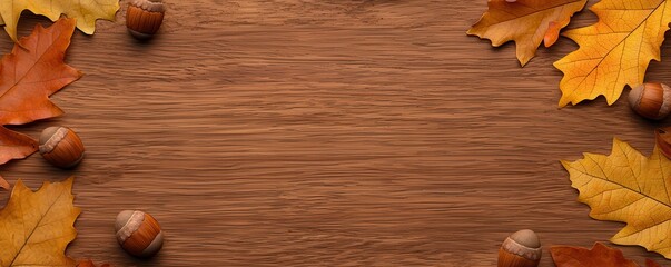A rustic wooden surface adorned with vibrant autumn leaves and acorns, creating a cozy seasonal ambiance.