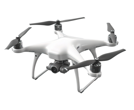 A generic white drone with black propellers on a transparent background.