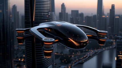 Futuristic Drone Soaring Over Cityscape: A sleek, black drone with glowing orange lights hovers against a breathtaking backdrop of a modern metropolis, showcasing the potential of advanced technology 