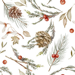 A delicate seamless pattern featuring watercolor illustrations of pinecones, sprigs of evergreen needles, and red winter berries.