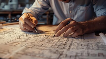 Architect drawing detailed blueprints on architectural plans, working meticulously with a pencil on a blueprint design in a creative workspace.