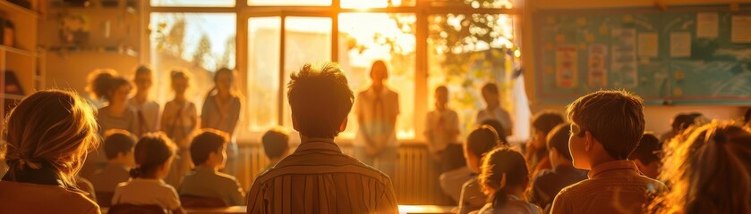 Naklejka premium A sunlit classroom with students attentively standing and sitting, engaging with a teacher in the morning light.