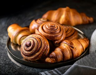Fototapeta premium A group of cinnamon rolls and croissants, styled with dramatic diagonals, macro zoom, on marble.