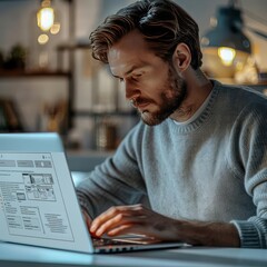 Focused man working on laptop designing a webpage at night in a cozy workspace with soft lighting. Dedicated and thoughtful web designer.