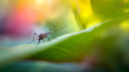 Close-up of mosquito resting on leaf in tropical forest, emphasizing its role in transmitting viruses, shallow depth of field.