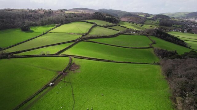 Aerial shot tilting up from fields and hedgerows to reveal countryside of Exmoor National Park