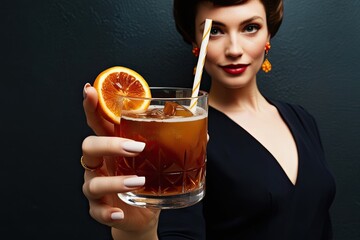 Chic Vintage Woman Enjoying Spiced Rum Against Dark 1980s Background