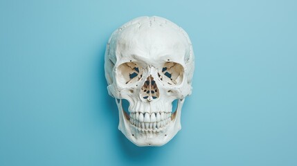 Obraz premium Human Skull on Blue Background for Educational Use