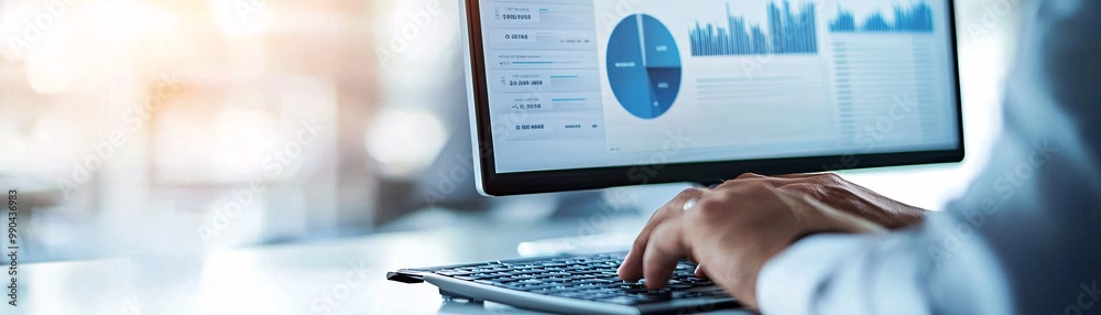 Wall mural a business professional is seen analyzing a pie chart on a computer screen, with a portion highlight
