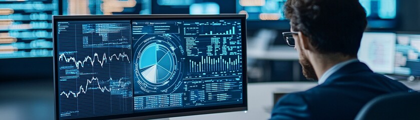 A business professional is seen analyzing a pie chart on a computer screen, with a portion highlighting commodities as part of a diversified investment portfolio. The image is set against a modern