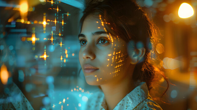 Young Indian Female Software Developer Working in Technological Start-Up Office. South Asian Specialist Programming Monitoring Solutions. VFX Hologram Edit Visualizing Coding Inte