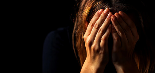 Fototapeta premium A person experiencing sadness, hands covering face in despair, isolated in darkness on a black background.