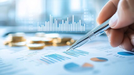 A close-up of a financial analyst's hand holding a pen, poised over a report that outlines the role of commodities in a diversified investment portfolio. A background of various commodity icons such