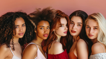 Obraz premium Portrait of a group of young multiracial women on a pink background. Beautiful models posing indoors. Beauty, fashion concept.