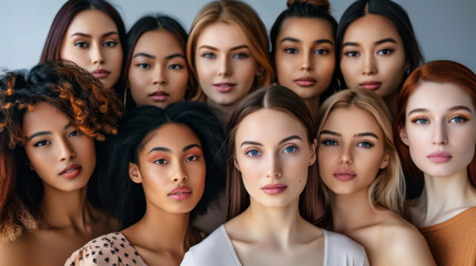 Obraz premium Portrait of a group of young multiracial women on a pink background. Beautiful models posing indoors. Beauty, fashion concept.
