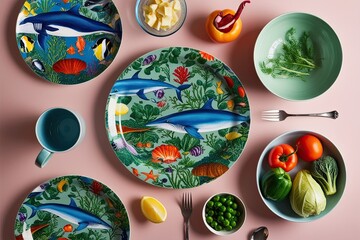Fototapeta premium Colorful Ocean Inspired Dinnerware and Fresh Garden Vegetable Tableware