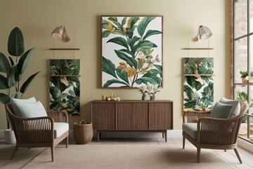 Cozy Home Setting with Elegant Botanical Art Mockup 3D Render Display