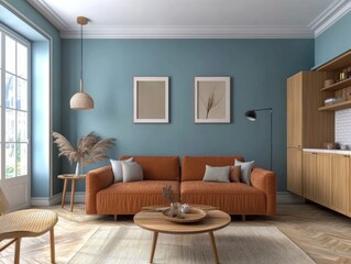 A chic living room with a rusty-toned sofa, soft blue accents on the walls, natural wood cabinetry, and smooth wood parquet flooring